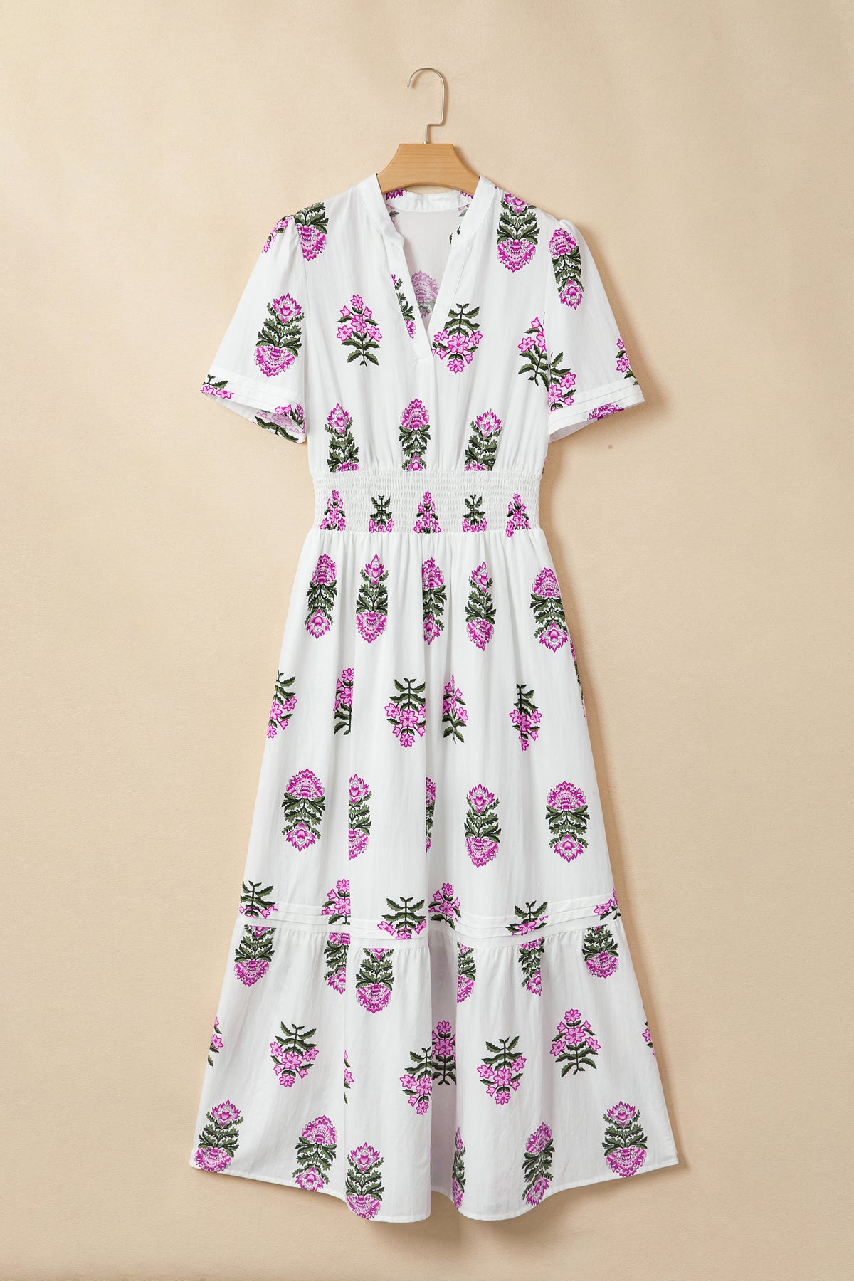 KaleaBoutique Stylish Floral Print Split Neck Shirred High Waist Ruffle Hem Maxi Dress - KaleaBoutique.com