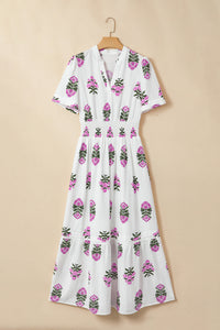 KaleaBoutique Stylish Floral Print Split Neck Shirred High Waist Ruffle Hem Maxi Dress - KaleaBoutique.com