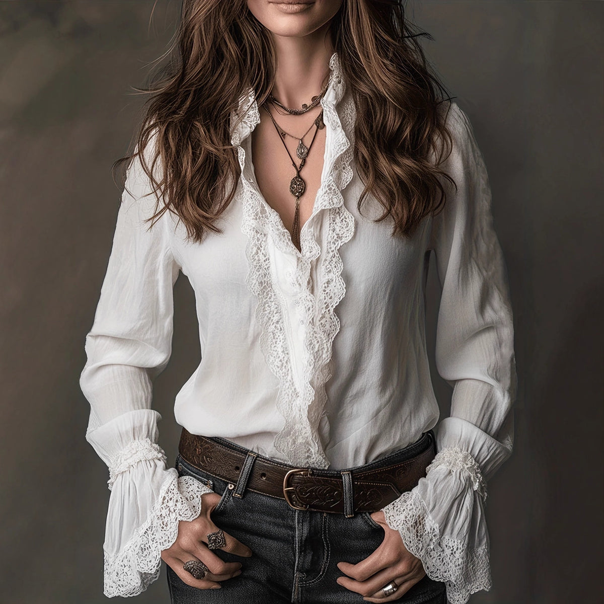 Women's Scalloped Lace-Trim Long-Sleeve Blouse - KaleaBoutique.com