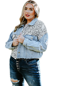 Blue Plus Size Leopard Ripped Cropped Denim Jacket - KaleaBoutique.com