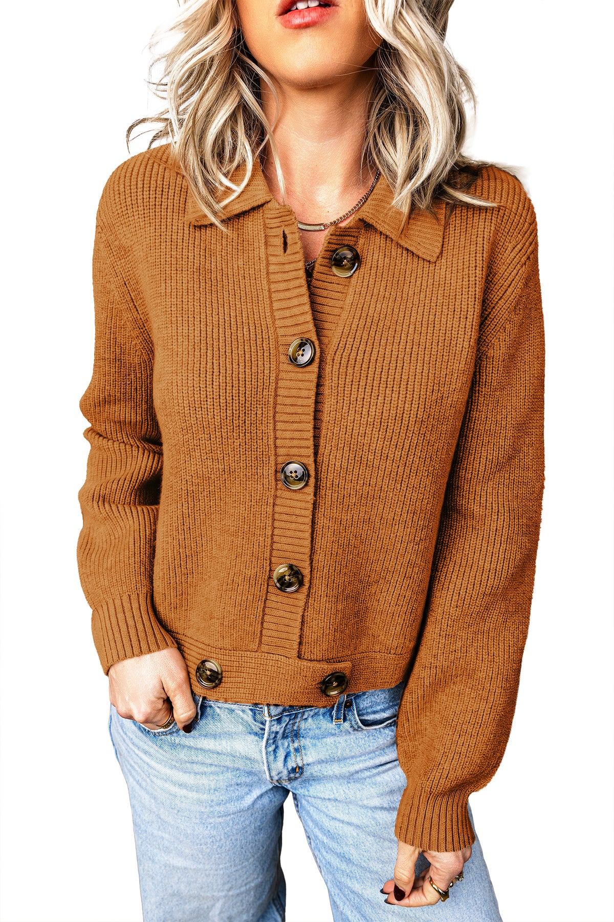 KaleaBoutique Stylish Ribbed Knit Collar Button Front Long Sleeve Cardigan - KaleaBoutique.com