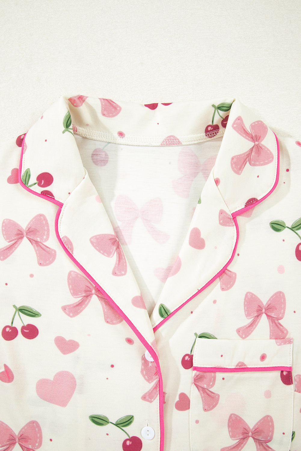 KaleaBoutique Comfortable Bow Fruit Print Contrast Pipping Short Pajamas Set - KaleaBoutique.com