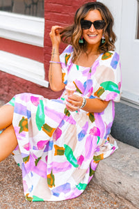 KaleaBoutique Abstract Print Puff Sleeve Smocked Back Midi Dress - KaleaBoutique.com