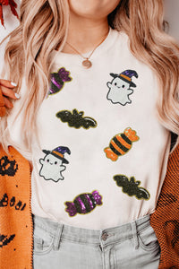White Sequin Witch Ghost, Candy & Bat Halloween Graphic Tee - KaleaBoutique.com