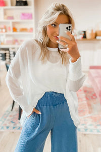 KaleaBoutique Stylish Smocked Cuffs Semi Sheer Long Sleeve Dolman Blouse - KaleaBoutique.com