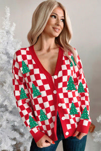 KaleaBoutique Comfortable Checkered Christmas Tree Pattern Button V Neck Cardigan Sweater - KaleaBoutique.com