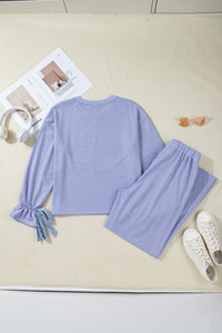 KaleaBoutique Comfortable Flounce Long Sleeve Top Drawstring Pants Contrast Velvet Bow Knot 2pcs Lounge Set - KaleaBoutique.com