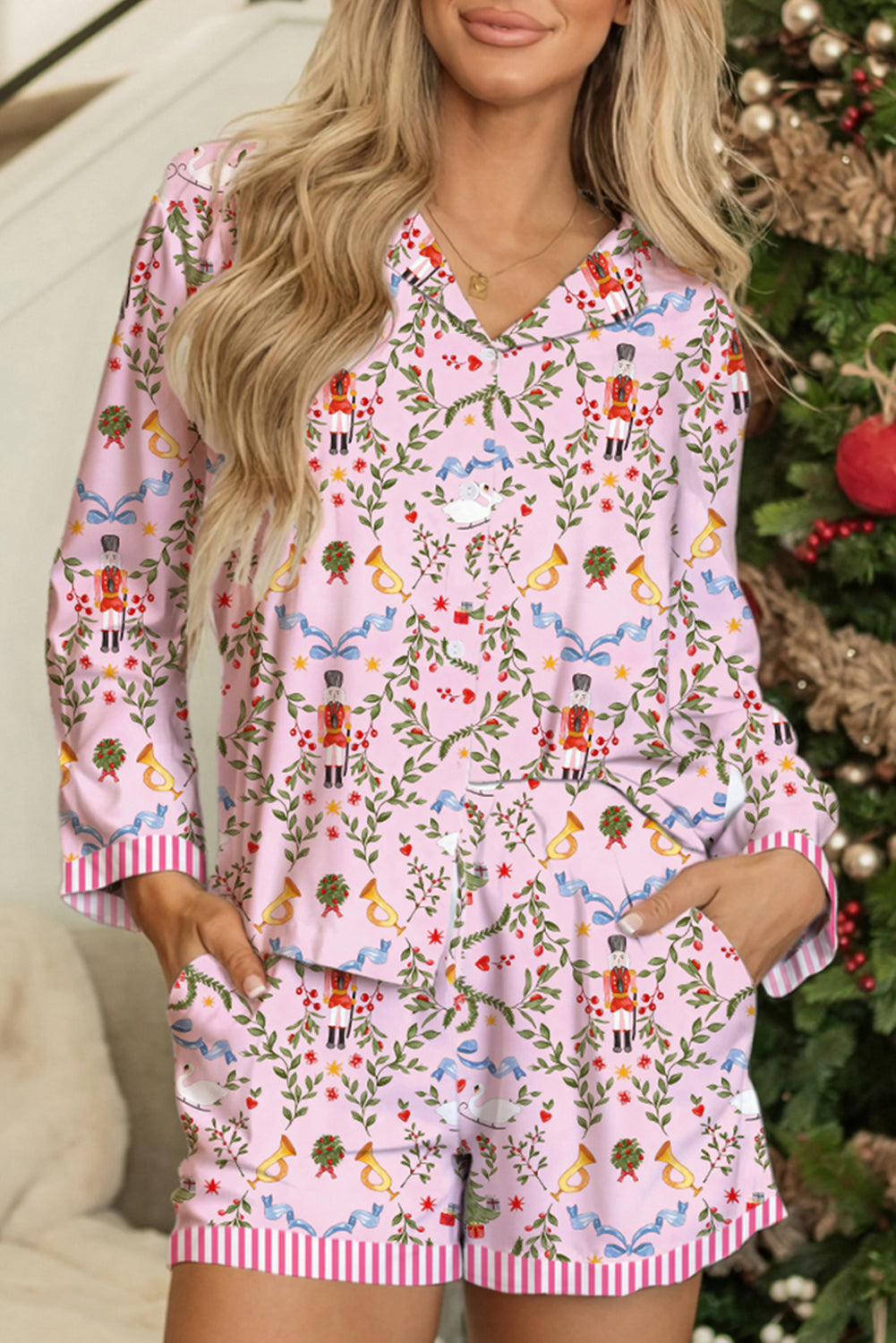 KaleaBoutique Stylish Christmas Holiday Print Nutcracker Long Sleeve Shorts 2pcs Pajama Set - KaleaBoutique.com