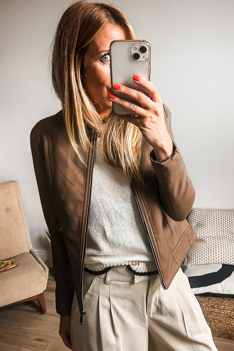 KaleaBoutique Solid Faux Leather Zipper Slim Fit Bomber Jacket - KaleaBoutique.com