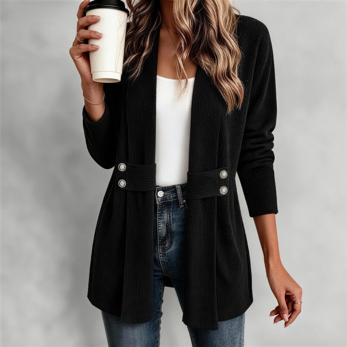 Women's Open-Front Ribbed Cardigan with Button Tabs - KaleaBoutique.com