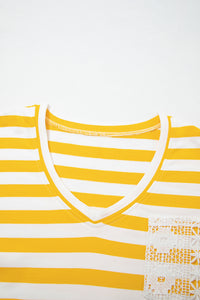 KaleaBoutique Comfortable Striped Lace Patchwork V Neck Long Sleeve Top - KaleaBoutique.com