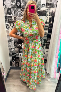 KaleaBoutique Comfortable Floral Print V Neck Short Puff Sleeve Cotton Maxi Dress - KaleaBoutique.com
