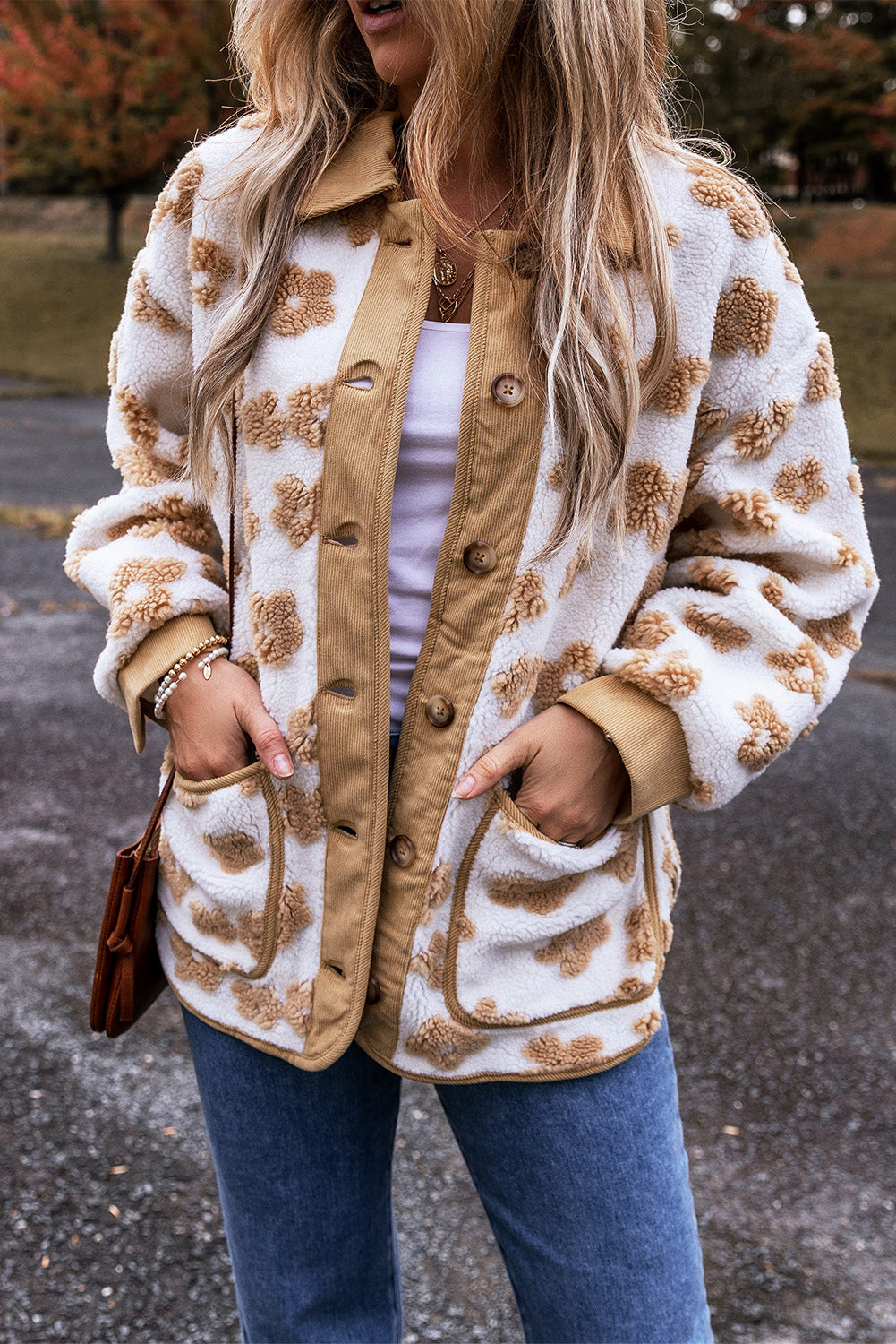 Cute Flower Pattern Button Up Fleece Jacket - KaleaBoutique.com