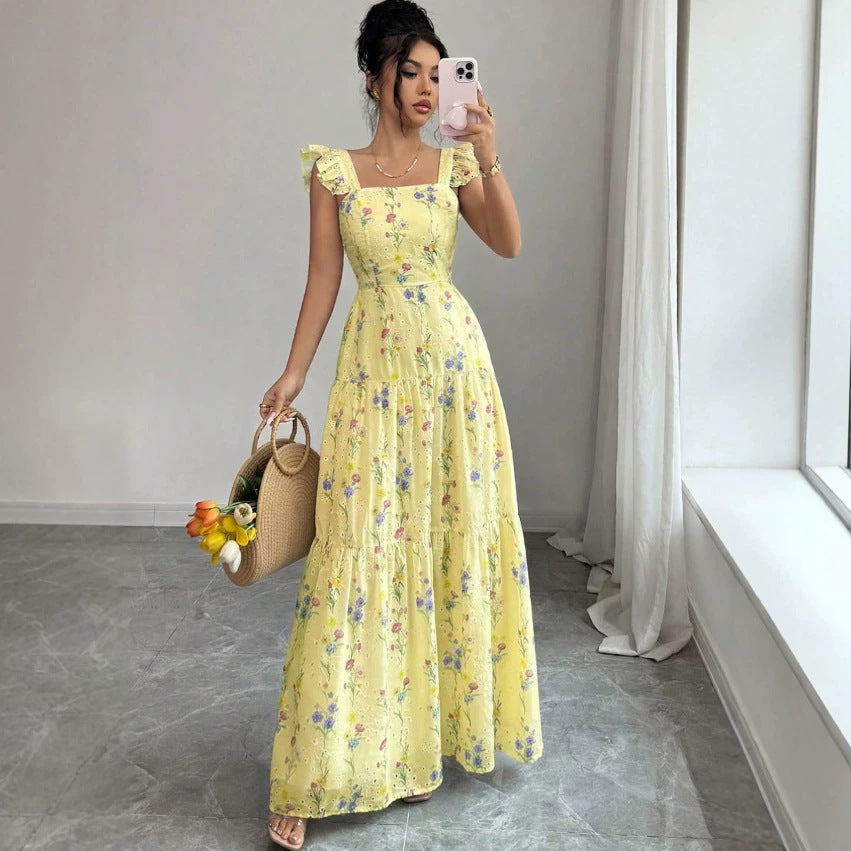 Women's Floral Square-Neck Ruffle-Strap Smocked Back Tiered Maxi Dress - KaleaBoutique.com