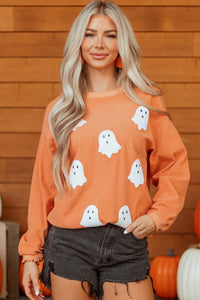 Orange Sequin Ghost Twisted Rib Halloween Sweatshirt - KaleaBoutique.com