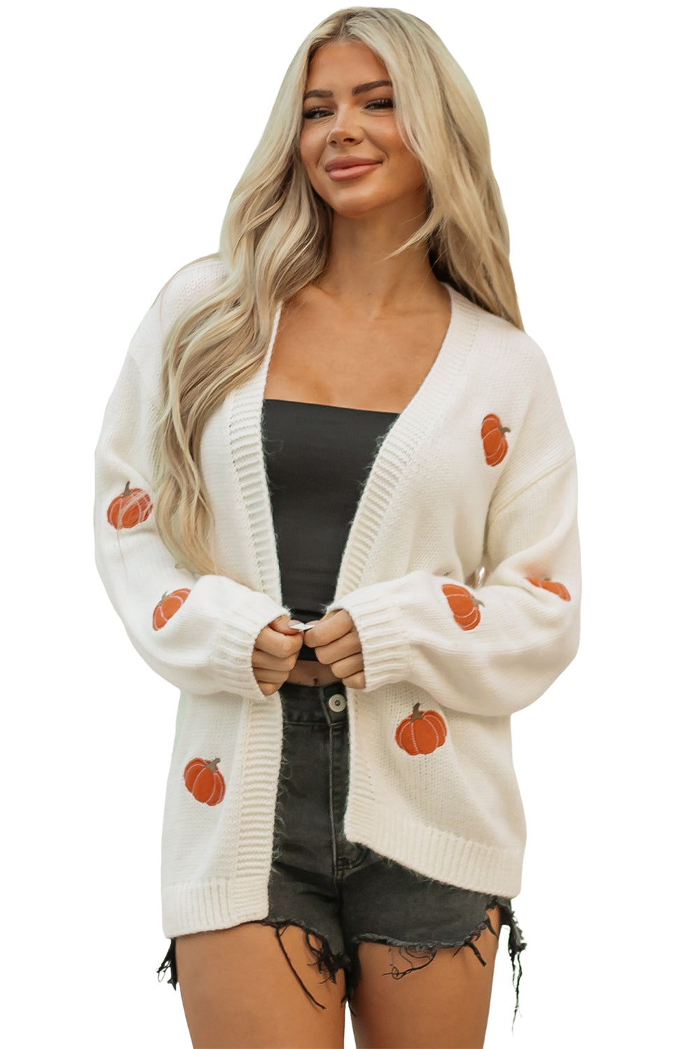 KaleaBoutique Comfortable Pumpkin Print Open Front Drop Shoulder Midi Cardigan - KaleaBoutique.com