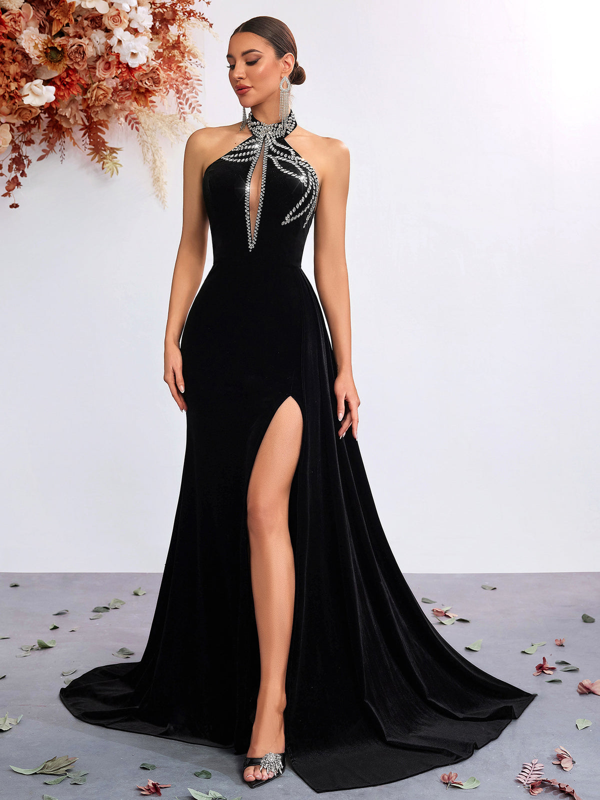 Velvet Halter Neck Beaded Mermaid Evening Gown With High Slit - KaleaBoutique.com