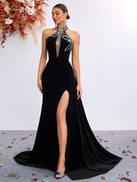 Velvet Halter Neck Beaded Mermaid Evening Gown With High Slit - KaleaBoutique.com