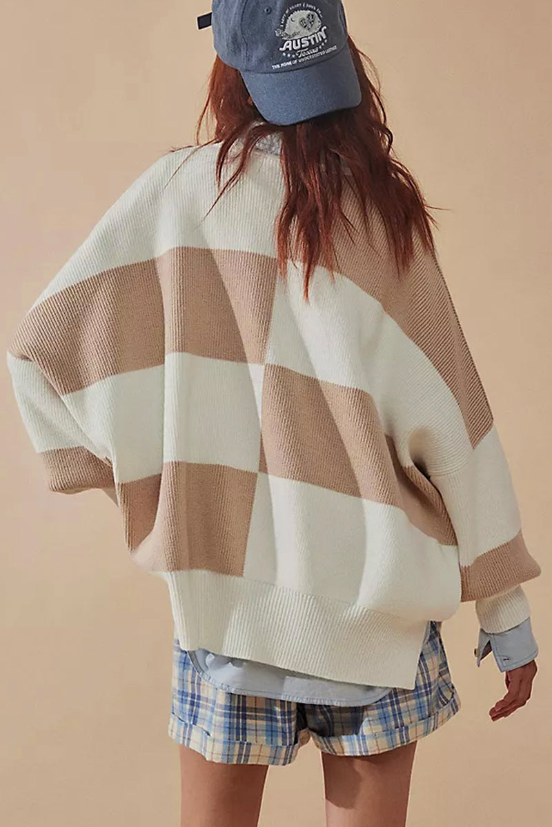 KaleaBoutique Checkered Side Slits Drop Shoulder Oversized Sweater - KaleaBoutique.com