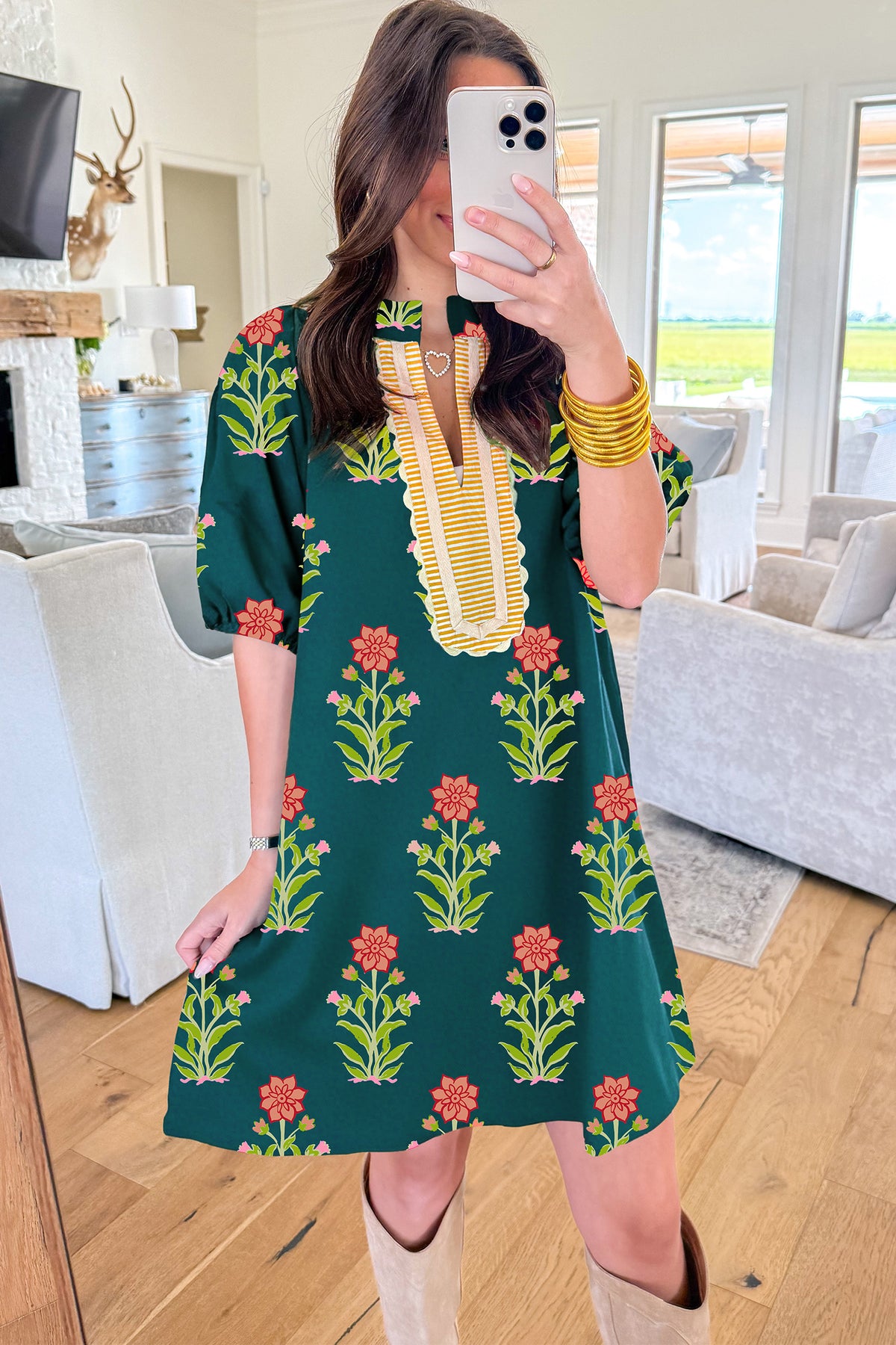 KaleaBoutique Comfortable Floral Print Contrast Trim Striped Patchwork Short Sleeve Dress - KaleaBoutique.com