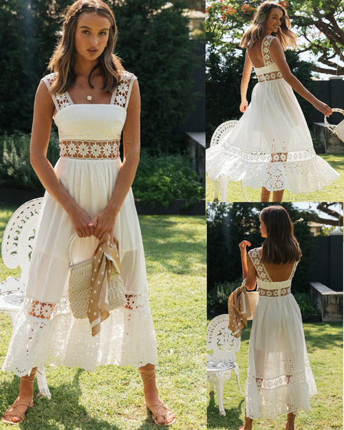 Women's White Square-Neck Floral Lace-Panel Midi Dress - KaleaBoutique.com
