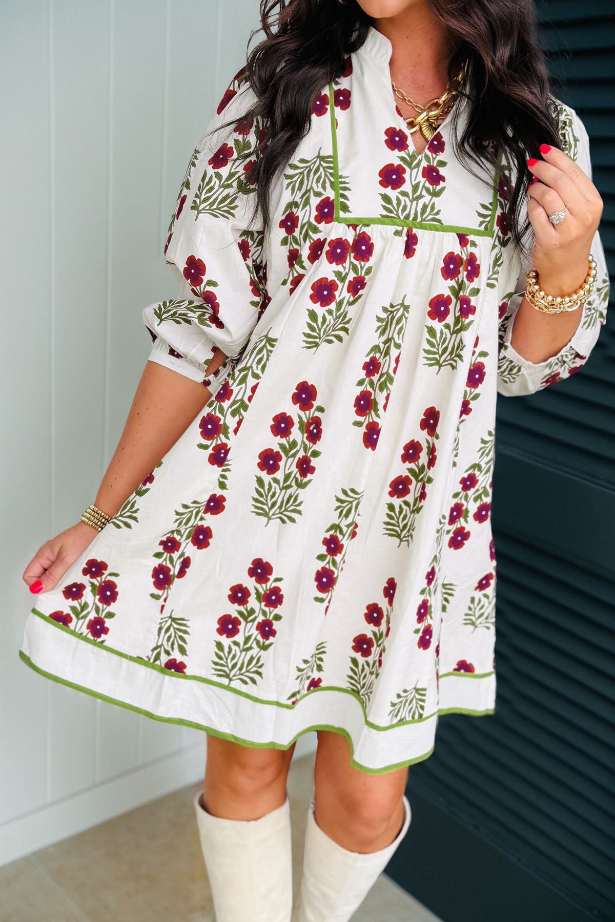KaleaBoutique Stylish Frilled V Neck 3/4 Sleeve Loose Floral Dress - KaleaBoutique.com