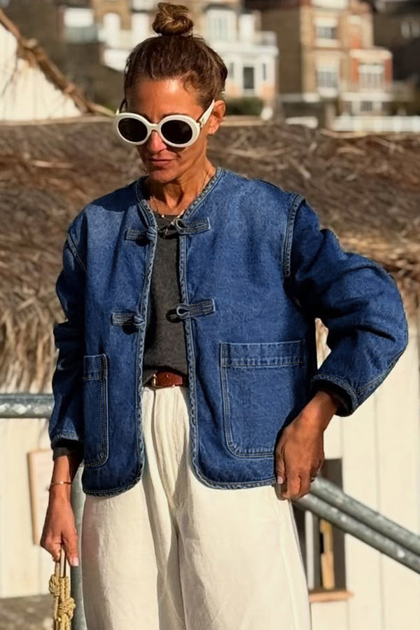 Vintage Fastening Big Patched Pockets Straight Cut Deep Wash Denim Jacket - KaleaBoutique.com