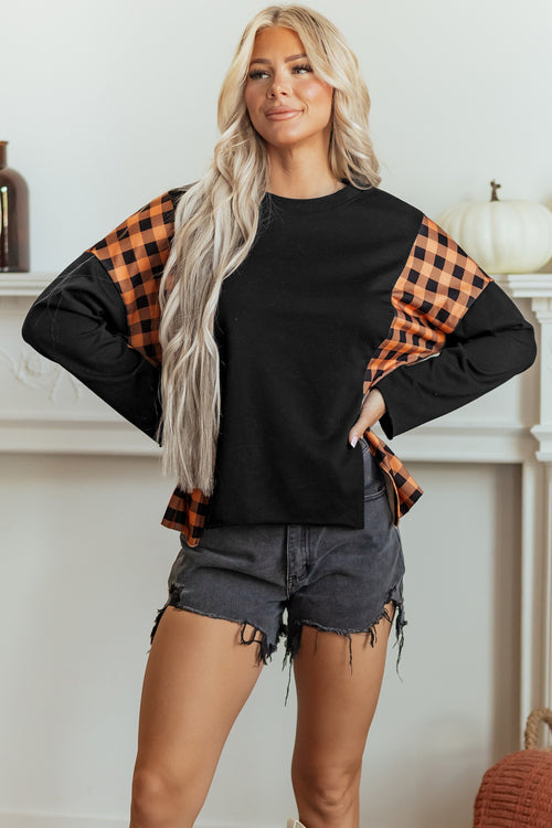 Black Pumpkin Face Appliqué Halloween Top with Orange Plaid Sleeves - KaleaBoutique.com
