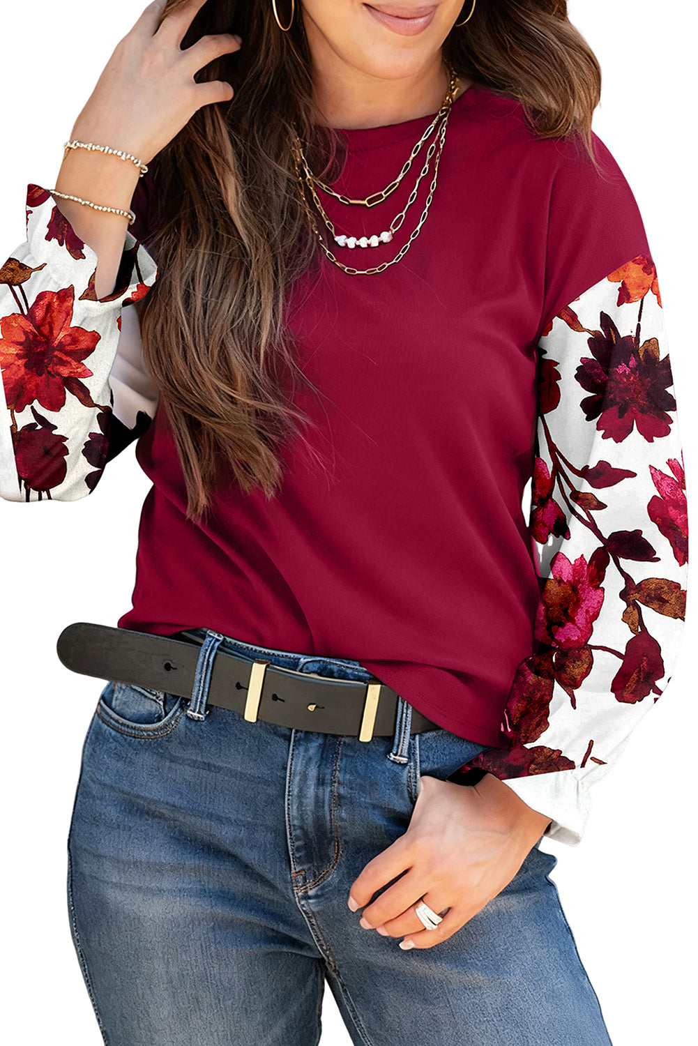 Contrast Floral Sleeve Solid Ribbed Body Patchwork Long Sleeve Top - KaleaBoutique.com