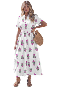 KaleaBoutique Stylish Floral Print Split Neck Shirred High Waist Ruffle Hem Maxi Dress - KaleaBoutique.com