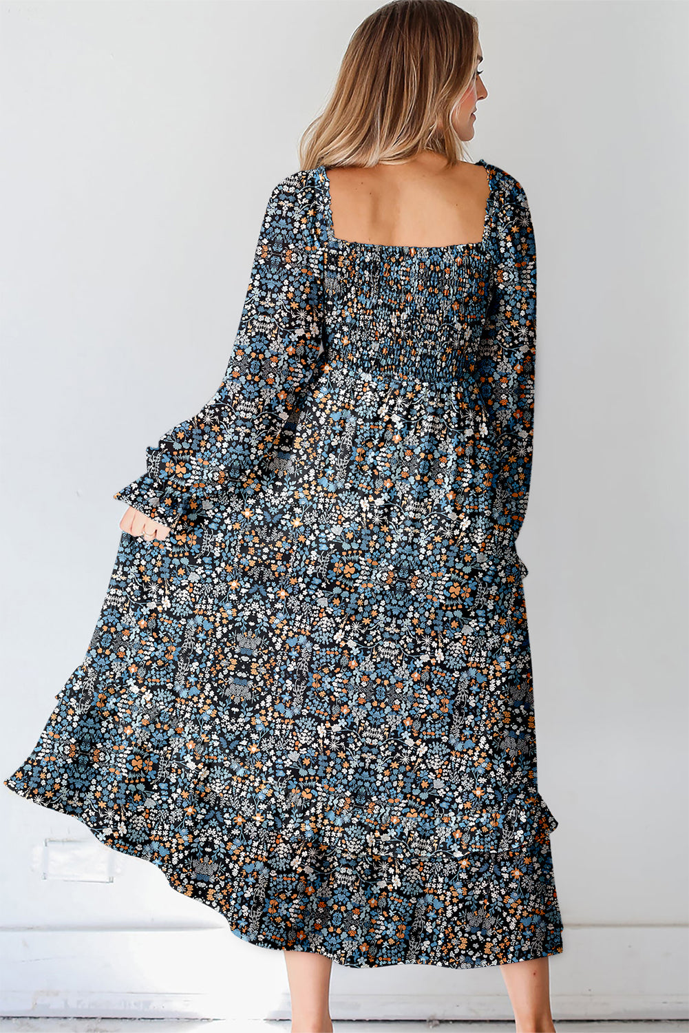 KaleaBoutique Stylish Floral Print Long Sleeve Square Neck Smocked Maxi Dress - KaleaBoutique.com