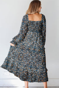 KaleaBoutique Stylish Floral Print Long Sleeve Square Neck Smocked Maxi Dress - KaleaBoutique.com