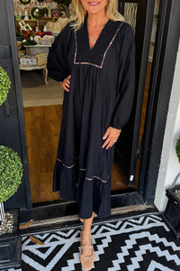 Collared V Neck Smocked Detail Contrast Leopard Trim Bracelet Sleeve Long Dress - KaleaBoutique.com
