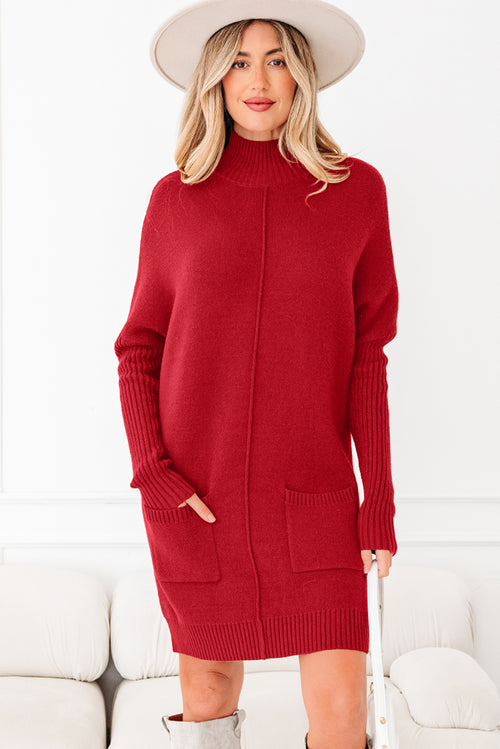 KaleaBoutique Stylish Ribbed High Neck Front Pockets Center Seam Shift Sweater Dress - KaleaBoutique.com