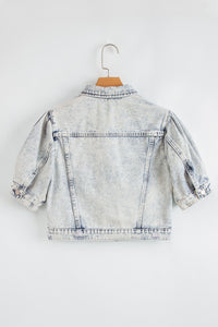 Light Wash Buttoned Chest Pocket Puff Sleeve Denim Jacket - KaleaBoutique.com