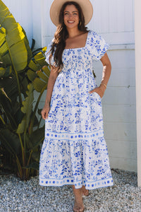 KaleaBoutique Stylish Floral Print Square Neck Bubble Sleeve High Waist Maxi Dress - KaleaBoutique.com