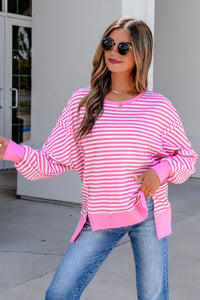 KaleaBoutique Stylish Textured Knit Color Block Trim Split Hem Long Sleeve Top - KaleaBoutique.com