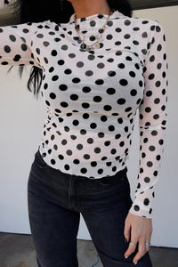 KaleaBoutique Stylish Polka Dot Mesh Long Sleeve Stand Neck Sheath Top - KaleaBoutique.com