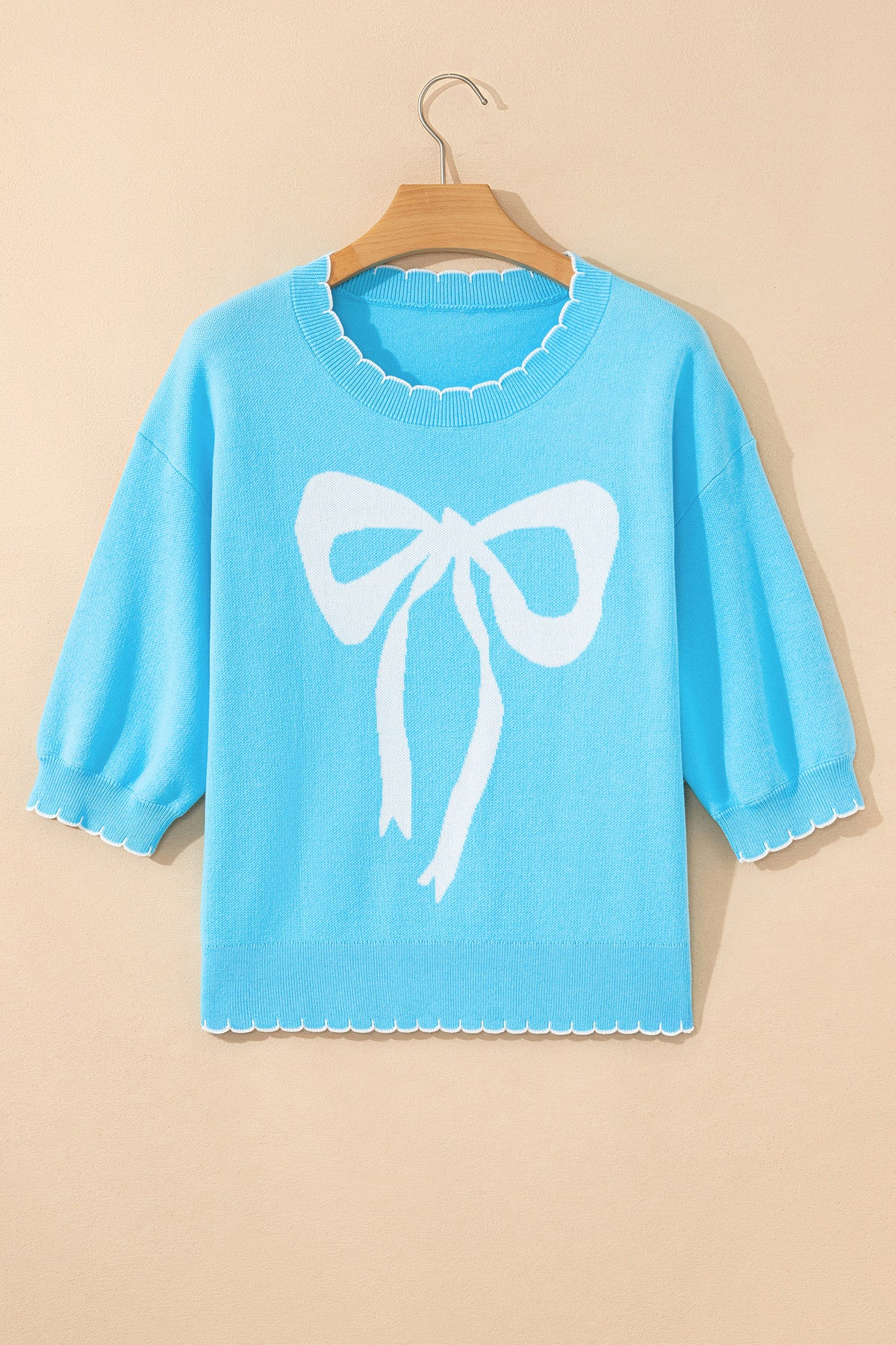 KaleaBoutique Comfortable Big Ribbon Bow Print Contrast Stitch Trim Drop Shoulder Sweater - KaleaBoutique.com