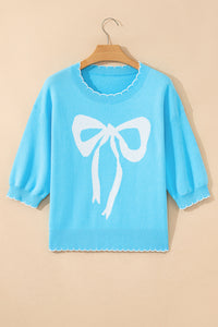 KaleaBoutique Comfortable Big Ribbon Bow Print Contrast Stitch Trim Drop Shoulder Sweater - KaleaBoutique.com