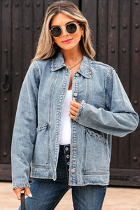 Scallop Trim Collar Patched Pocket Button Up Mineral Washed Denim Jacket - KaleaBoutique.com