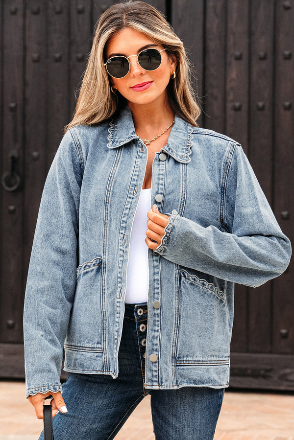 Scallop Trim Collar Patched Pocket Button Up Mineral Washed Denim Jacket - KaleaBoutique.com