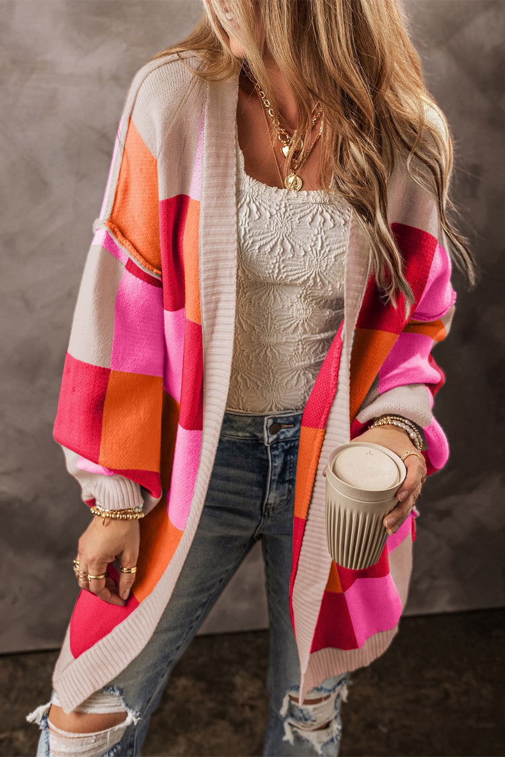 KaleaBoutique Stylish Light Checkered Drop Shoulder Exposed Seam Open Front Cardigan - KaleaBoutique.com