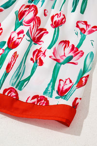 Floral Print Contrast Trim V Neck Bubble Short Sleeve Babydoll Dress - KaleaBoutique.com