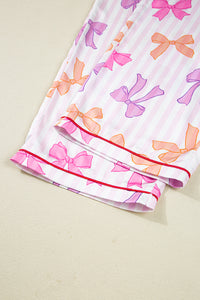 KaleaBoutique Stylish Striped Bow Print Contrast Piping Trim Shirt and Pants 2pcs Pajama Set - KaleaBoutique.com