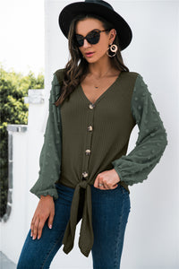 Women's V-Neck Tie-Front Top with Sheer Dotted Sleeves - KaleaBoutique.com