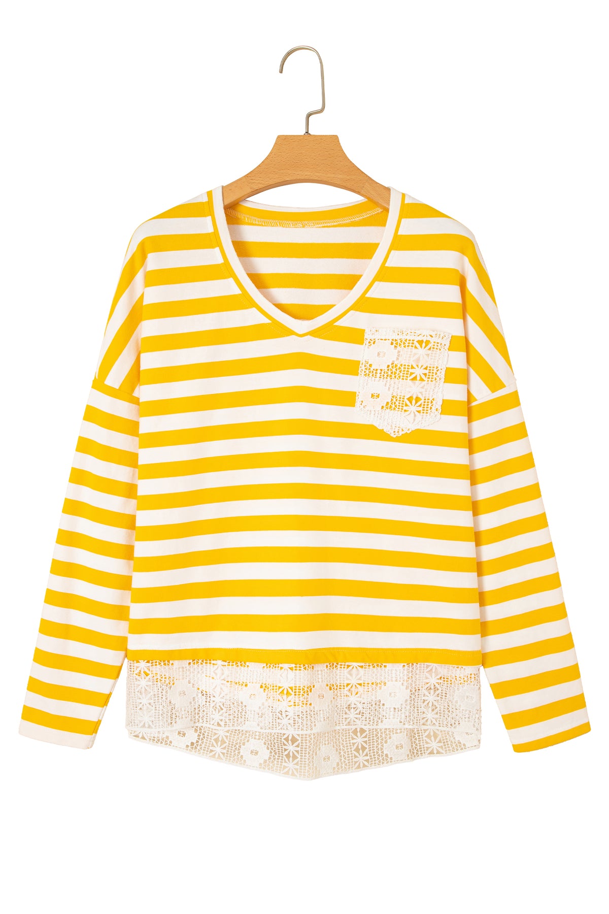 KaleaBoutique Comfortable Striped Lace Patchwork V Neck Long Sleeve Top - KaleaBoutique.com