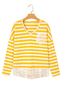 KaleaBoutique Comfortable Striped Lace Patchwork V Neck Long Sleeve Top - KaleaBoutique.com