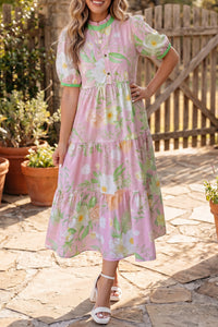 KaleaBoutique Comfortable Floral Print Short Puff Sleeve High Waist Tiered Maxi Dress - KaleaBoutique.com