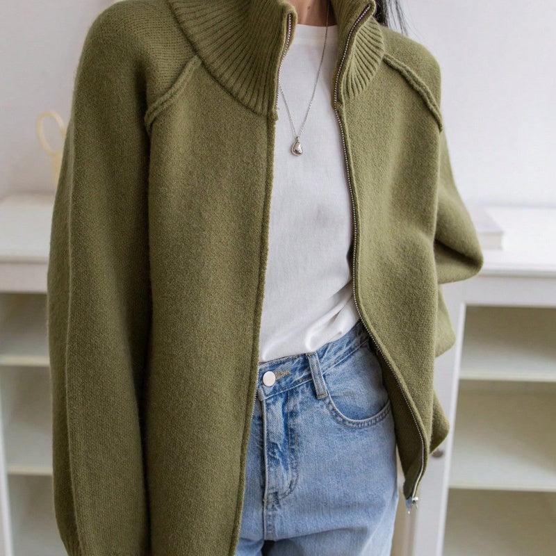 Women's Full-Zip Ribbed-Collar Tight Knit Cardigan - KaleaBoutique.com